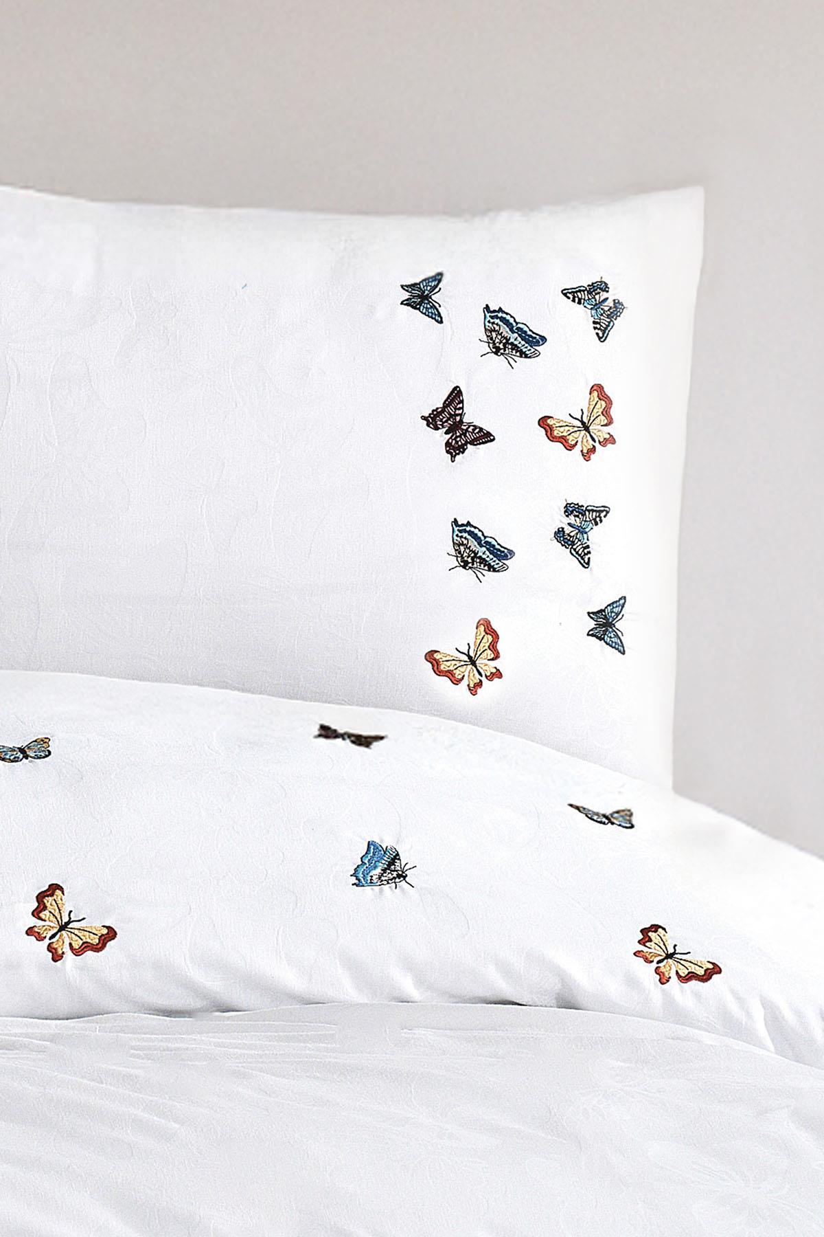 Lorea Kelebek Nakışlı %100 Pamuk Çift Kişilik Nevresim Seti - Nazik Home - Yuvama Değer!