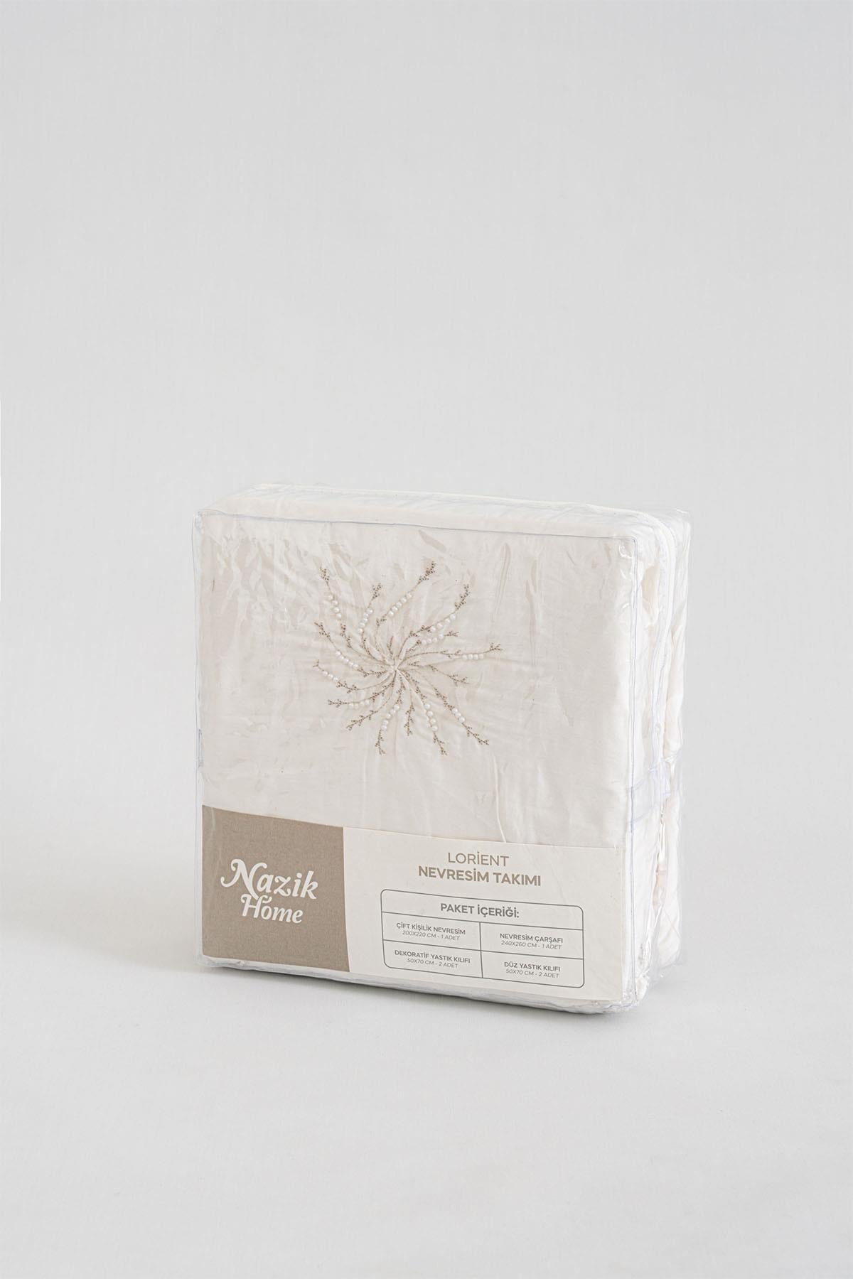 Lorient İncili Nakışlı Pamuk Saten Süper King Size 6 Parça Nevresim Takımı