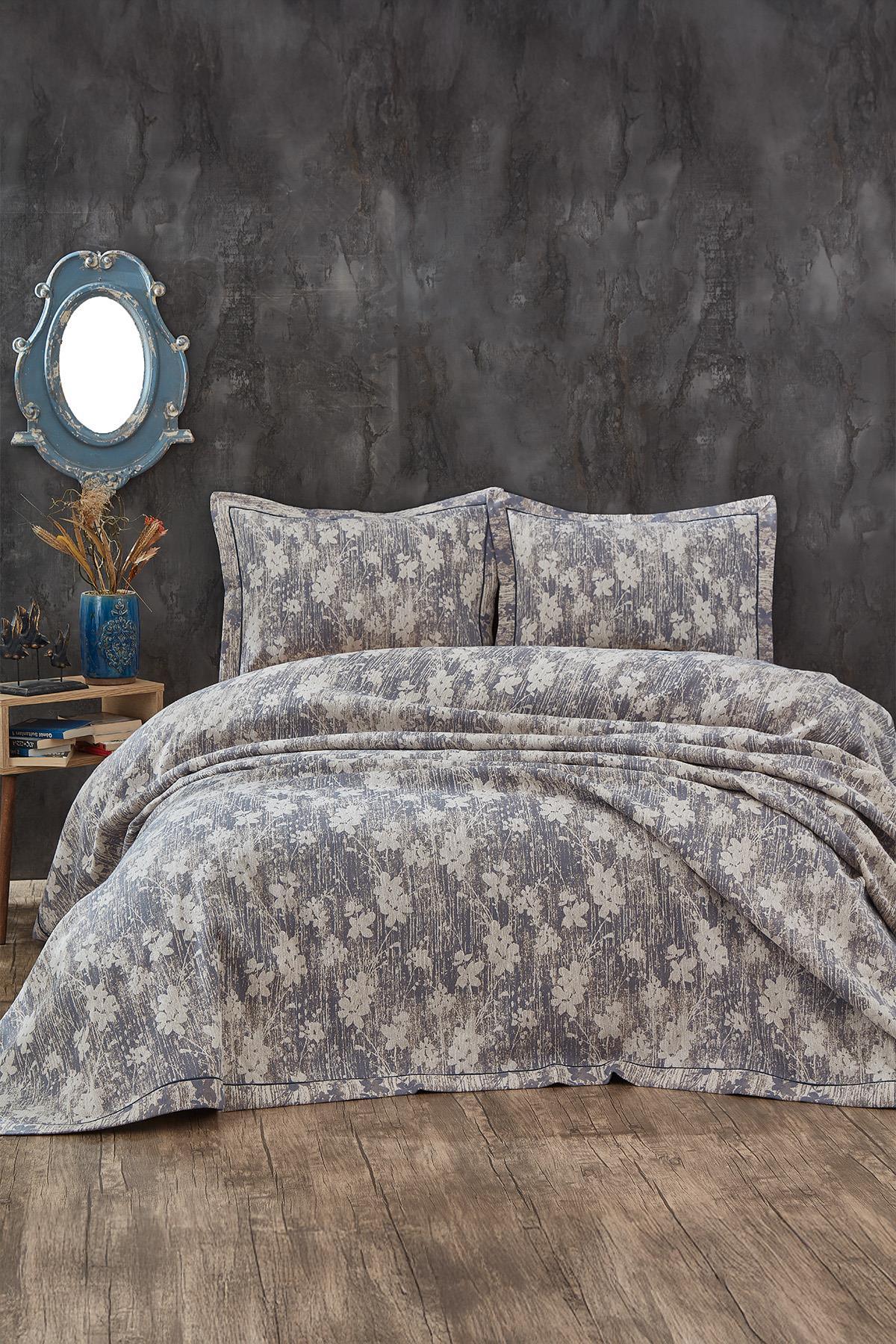 Lotus Çiçek Desenli Jakarlı Çift Kişilik Yatak Örtüsü - Nazik Home - Yuvama Değer!