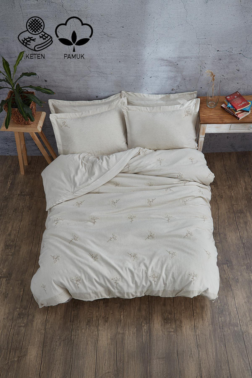 Loya Çiçek Nakışlı Çift Kişilik 6 Parça Nevresim Takımı - Nazik Home - Yuvama Değer!