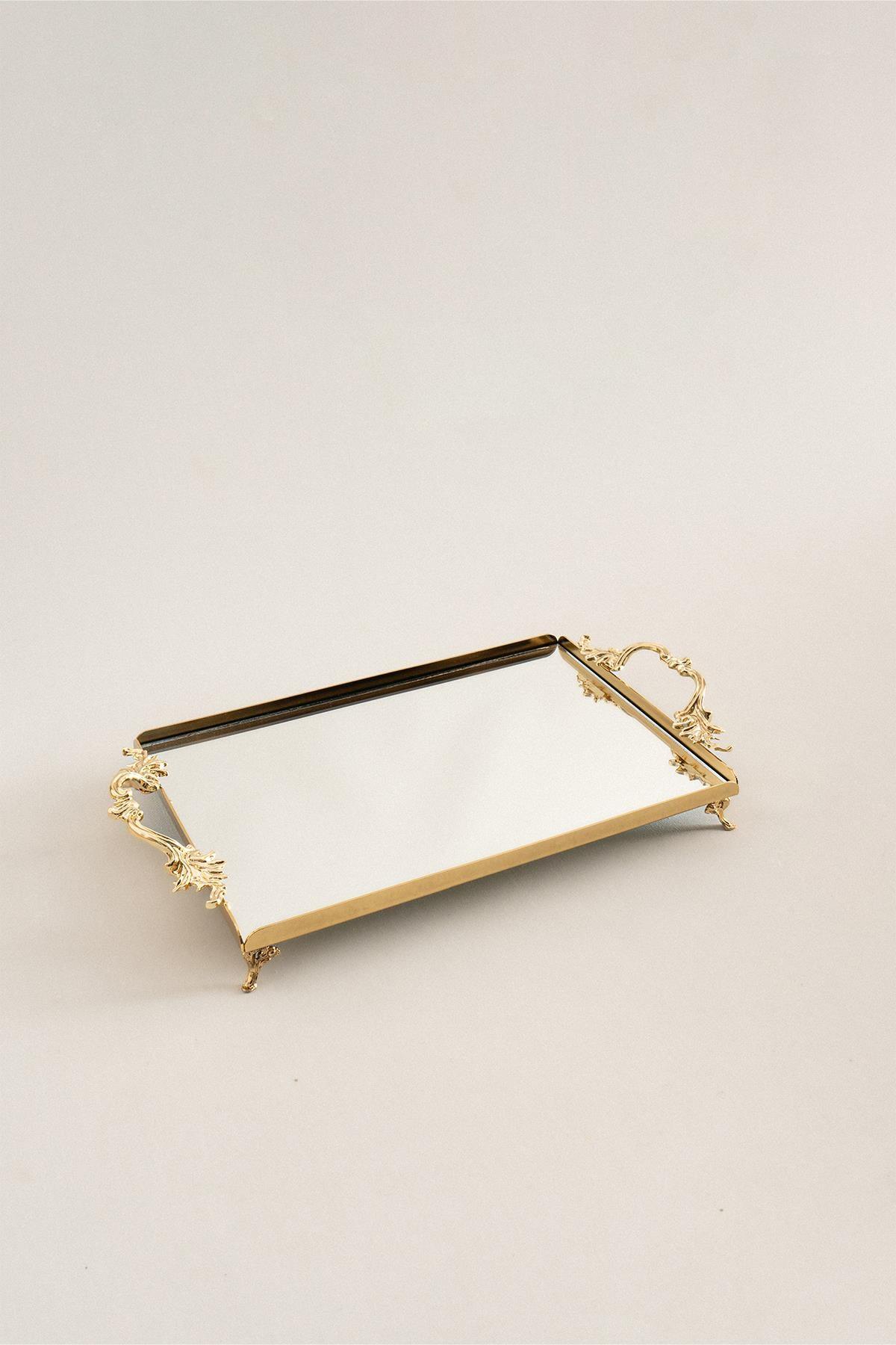 Mabel Zarif Kulplu Altın Orta Tepsi (32 x 22 cm) - Nazik Home - Yuvama Değer!