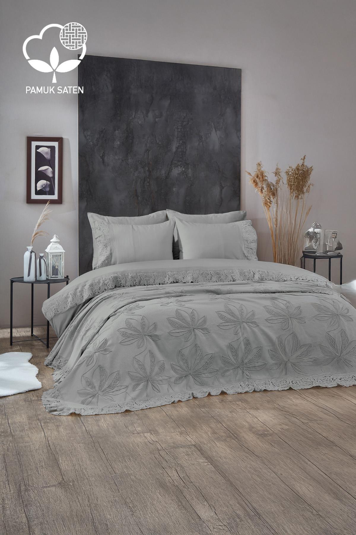 Manolya Dantelli Çift Kişilik 7 Parça Nevresim + Pike Set - Nazik Home - Yuvama Değer!