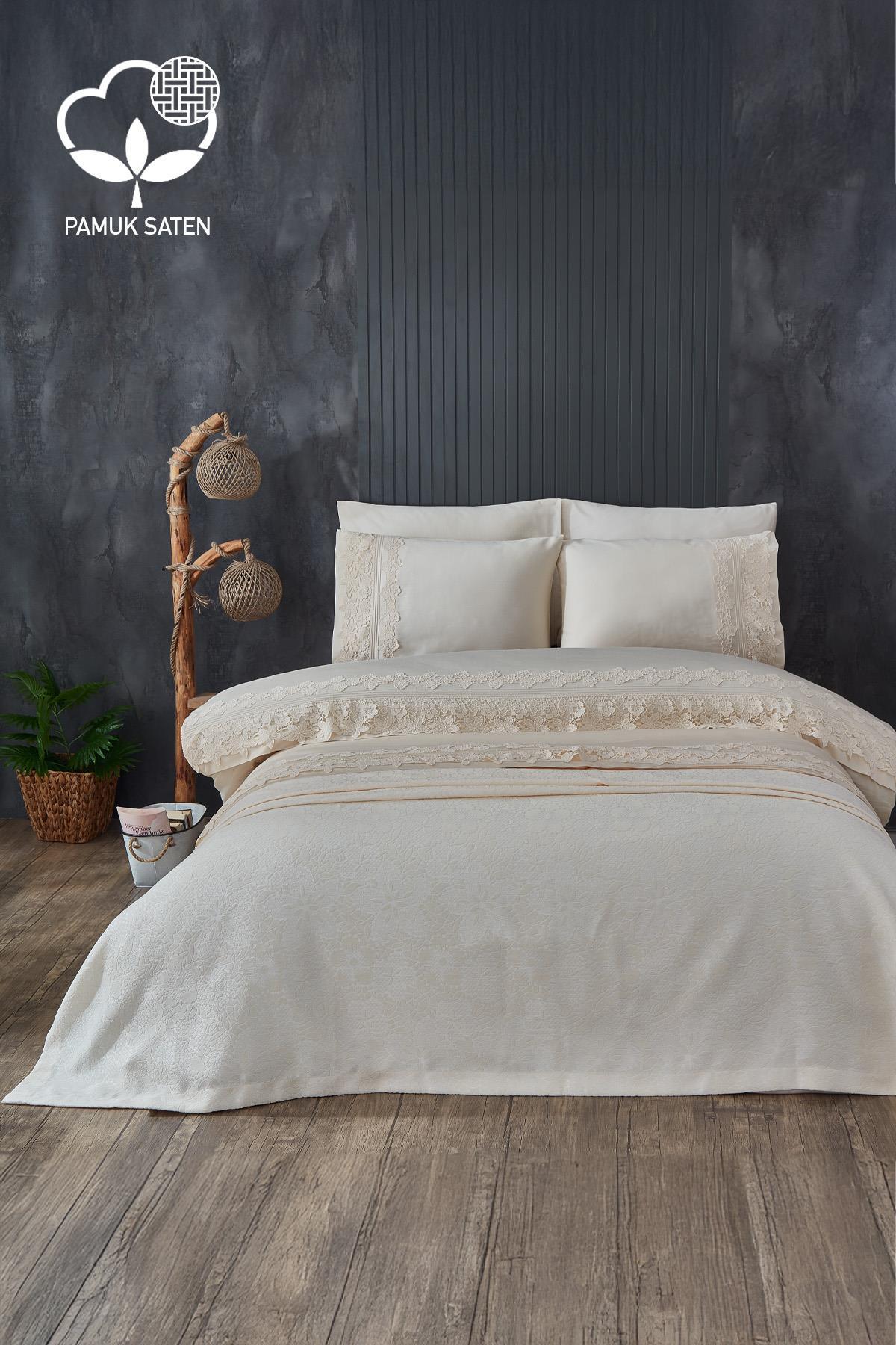 Marlen Dantelli Çift Kişilik 7 Parça Nevresim + Pike Set - Nazik Home - Yuvama Değer!