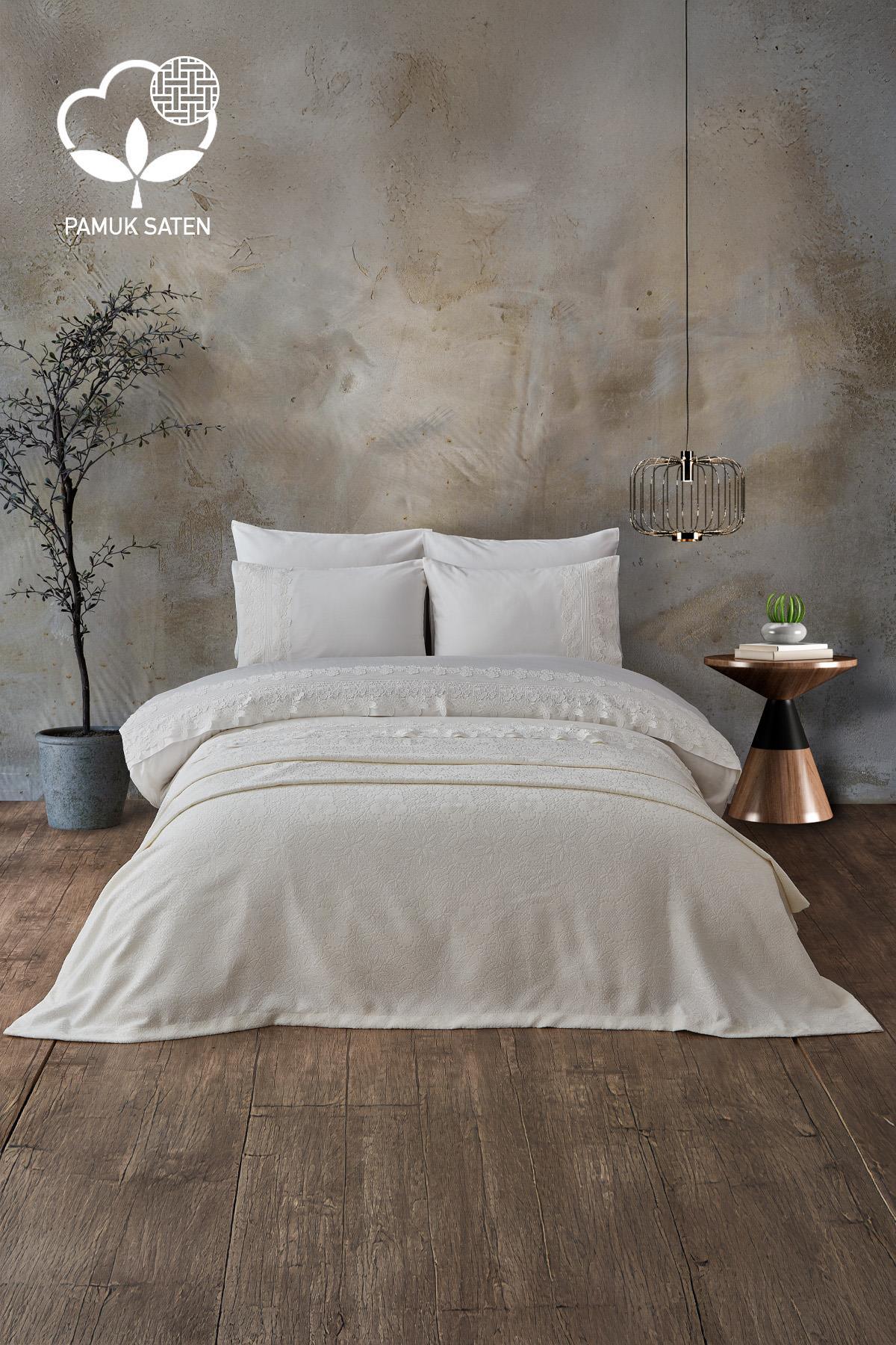 Marlen Dantelli Çift Kişilik 7 Parça Nevresim + Pike Set - Nazik Home - Yuvama Değer!