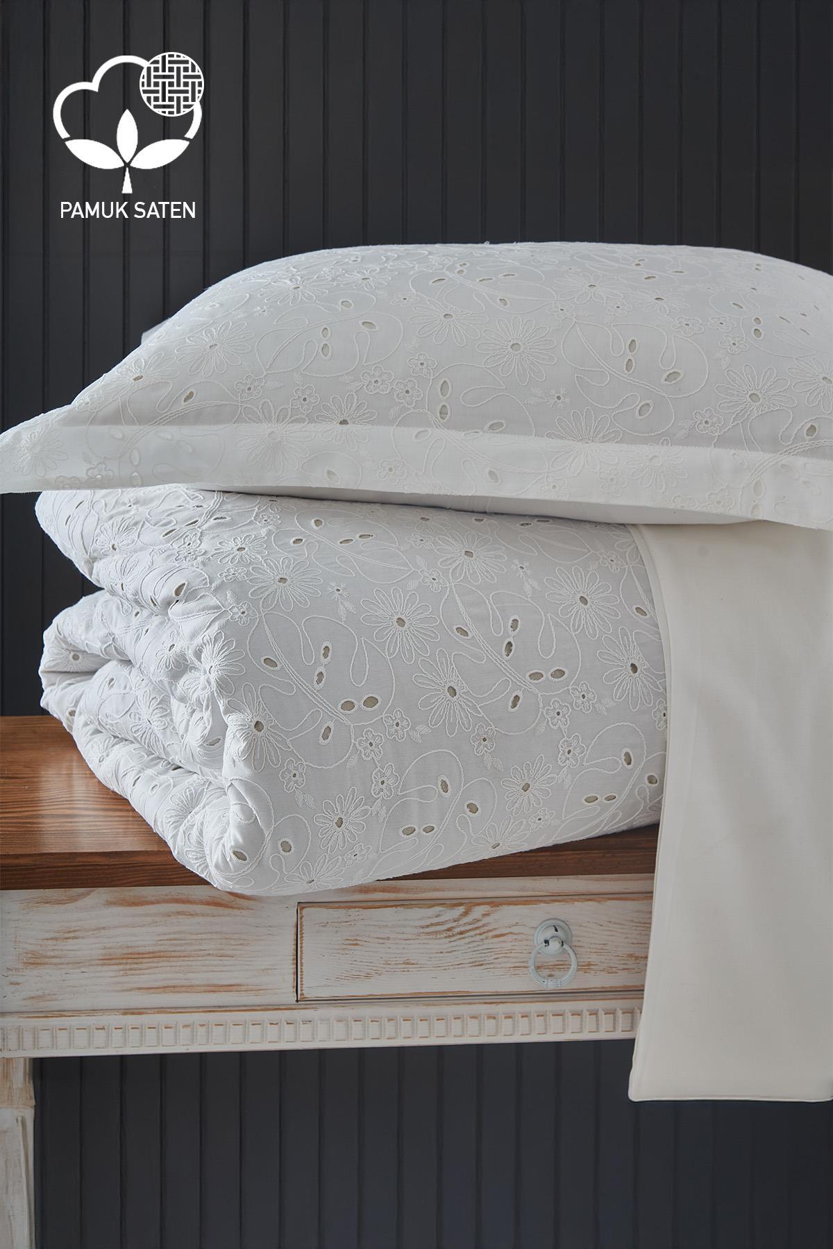 Nill İşlemeli Pamuk Saten Çift Kişilik 6 Parça Nevresim Takımı - Nazik Home - Yuvama Değer!