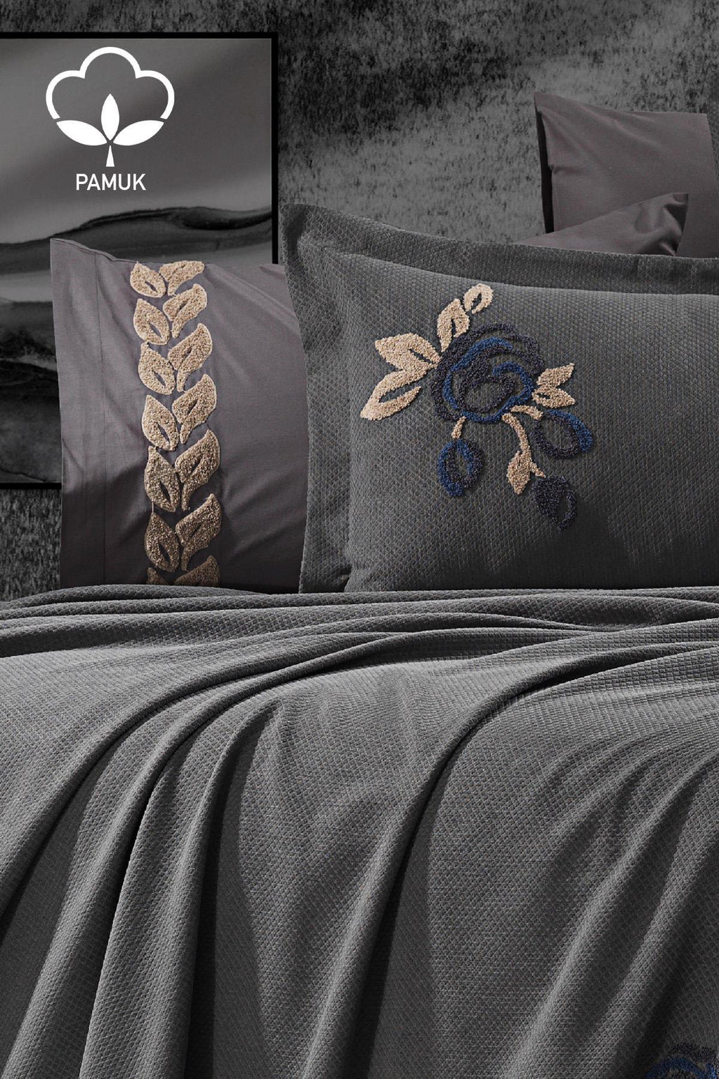 Oasis Çiçek Nakışlı Çift Kişilik 9 Parça Nevresim + Pike Set - Nazik Home - Yuvama Değer!