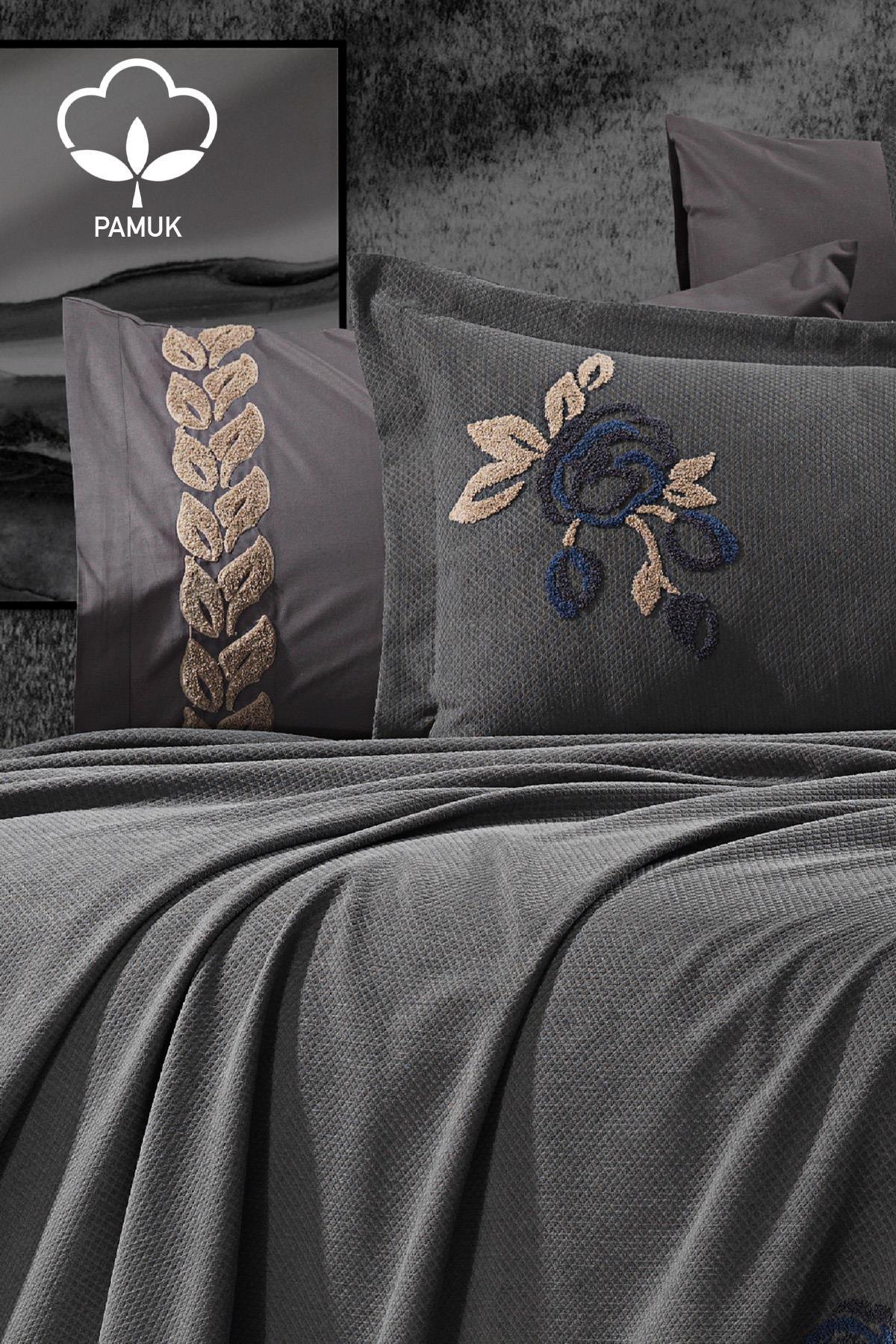 Oasis Çiçek Nakışlı Çift Kişilik 9 Parça Nevresim + Pike Set - Nazik Home - Yuvama Değer!