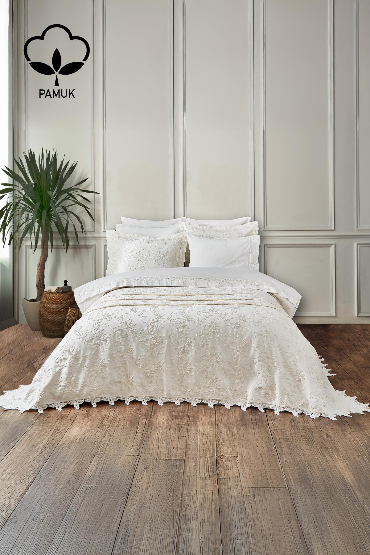 Ribera İşlemeli Çift Kişilik 9 Parça Nevresim + Pike Set - Nazik Home - Yuvama Değer!