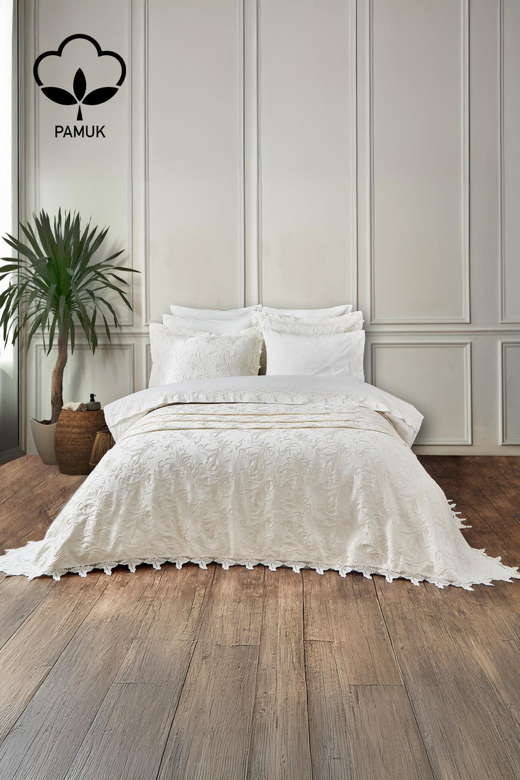 Ribera İşlemeli Çift Kişilik 9 Parça Nevresim + Pike Set - Nazik Home - Yuvama Değer!