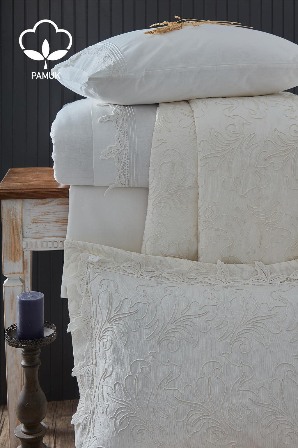 Ribera İşlemeli Çift Kişilik 9 Parça Nevresim + Pike Set - Nazik Home - Yuvama Değer!