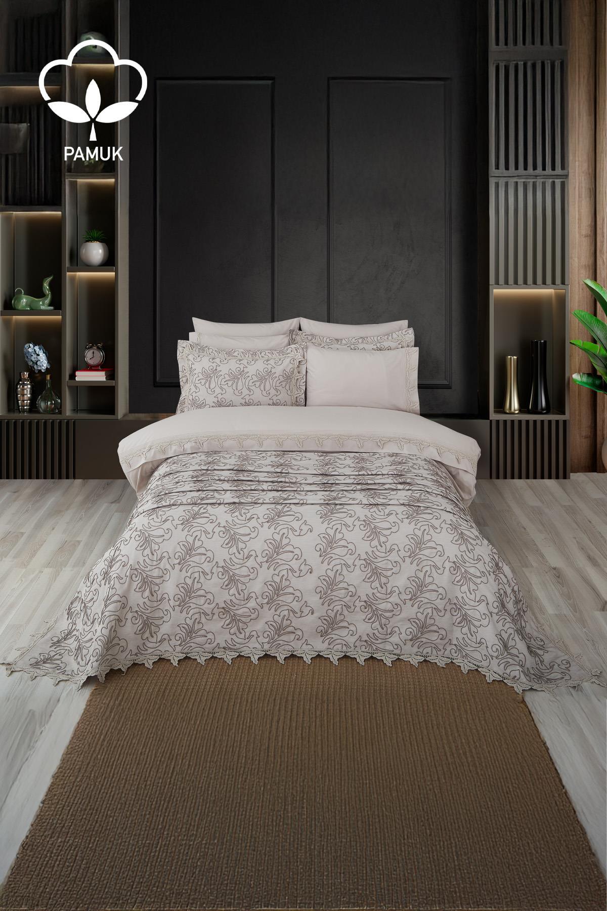 Ribera İşlemeli Çift Kişilik 9 Parça Nevresim + Pike Set - Nazik Home - Yuvama Değer!