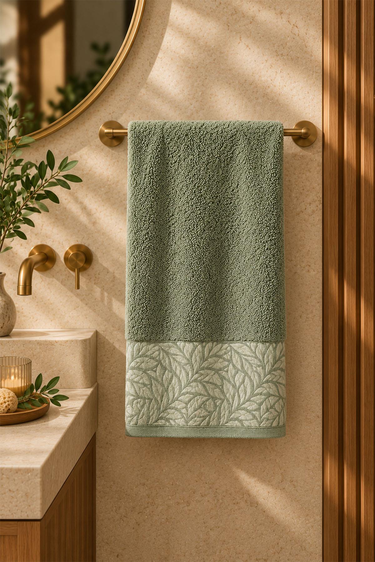 Sage Yaprak Desenli Banyo Havlusu (90 x 150 cm)