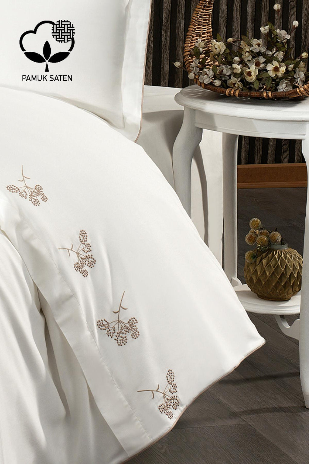 Sementa Çiçek Nakışlı Pamuk Saten Süper King Size 6 Parça Nevresim Takımı - Nazik Home - Yuvama Değer!