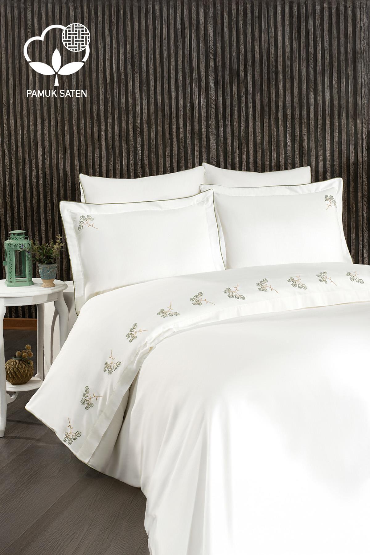 Sementa Çiçek Nakışlı Pamuk Saten Süper King Size 6 Parça Nevresim Takımı - Nazik Home - Yuvama Değer!