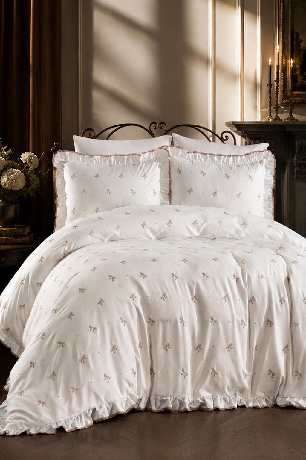 Serena Fiyonk Nakışlı Pamuk Saten Super King Size 6 Parça Nevresim Takımı