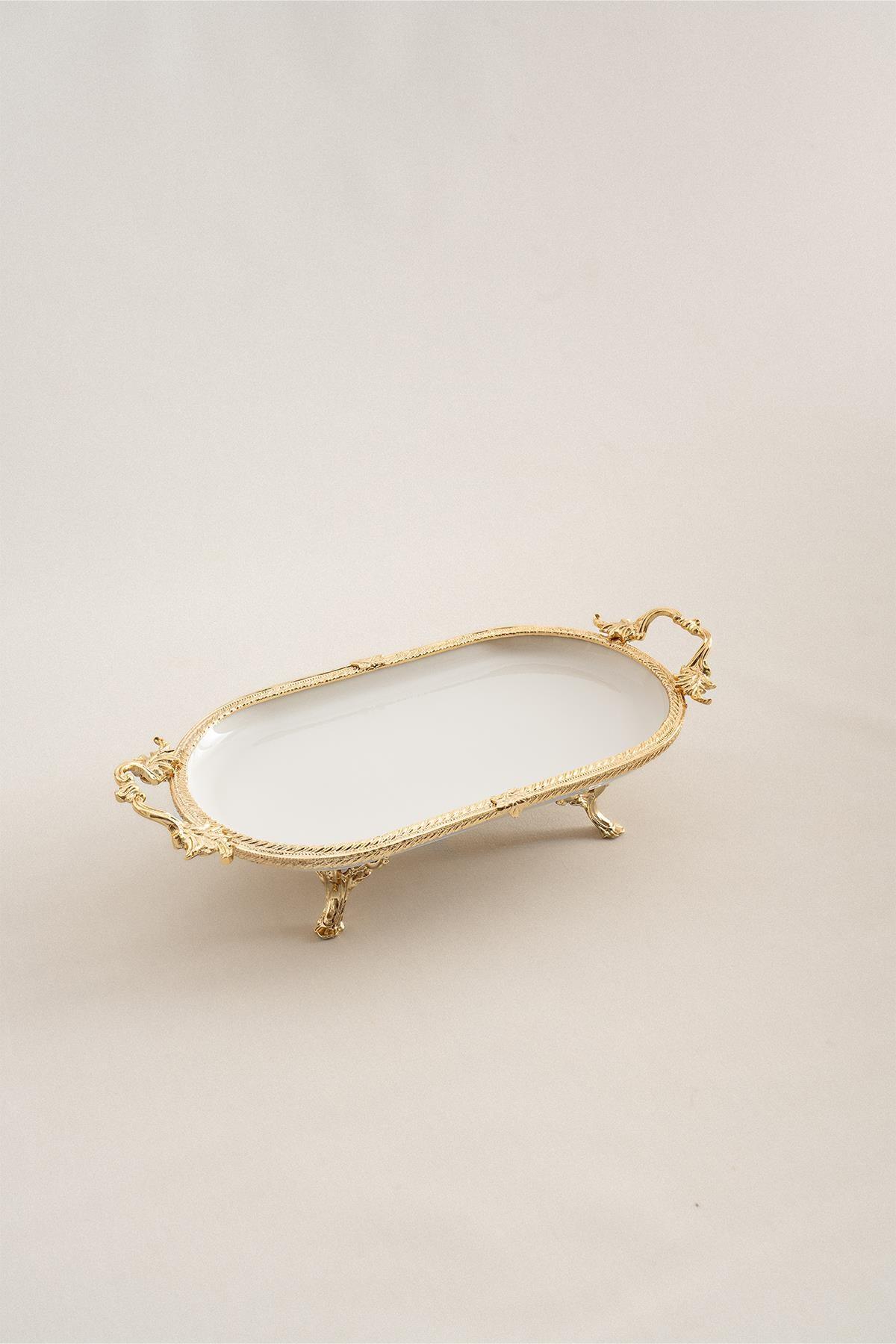 Sierra Altın Detaylı Kulplu Porselen Sunumluk Oval (30 x 16 cm) - Nazik Home - Yuvama Değer!