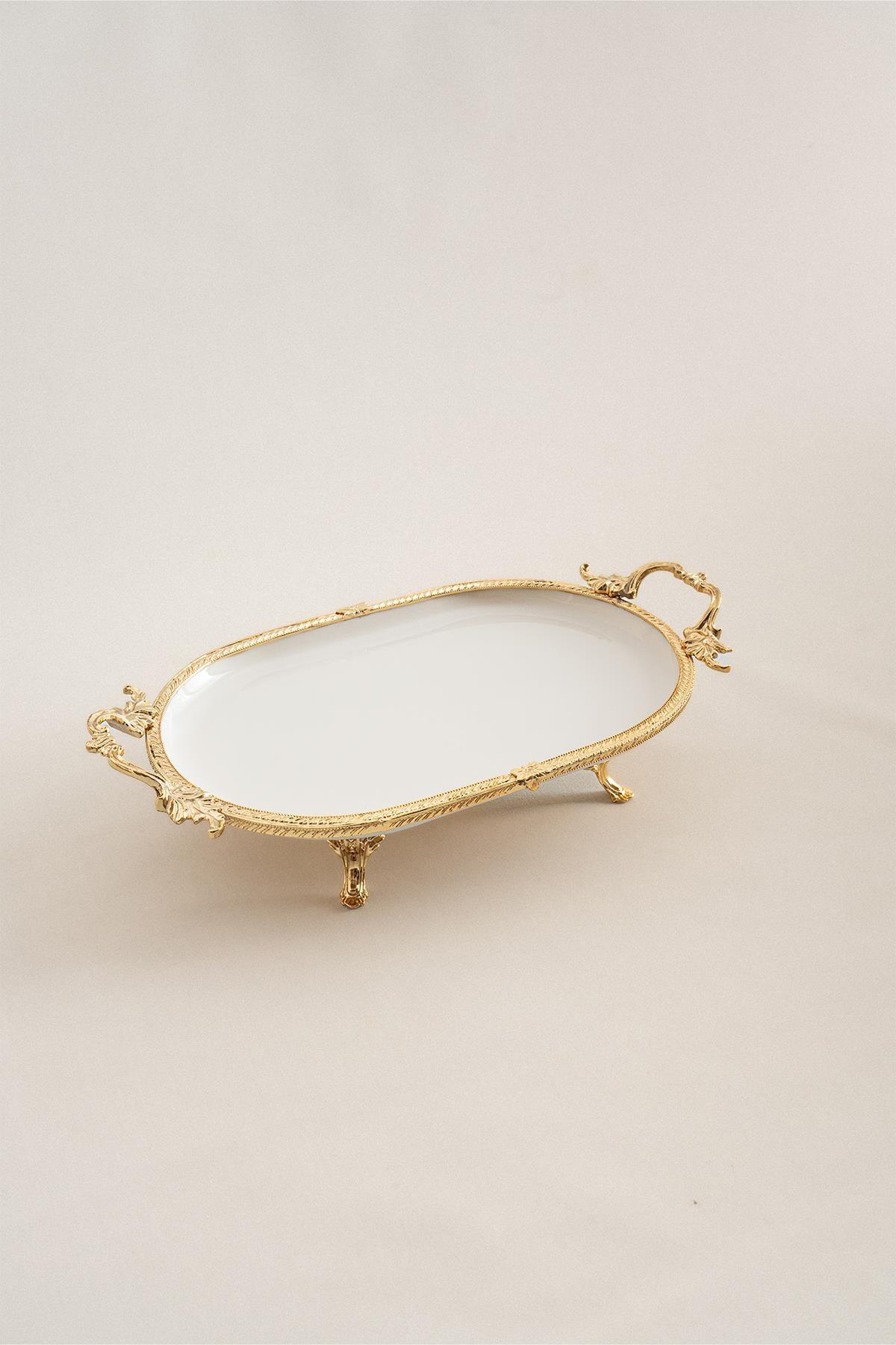 Sierra Altın Detaylı Kulplu Porselen Sunumluk Oval (33 x 21 cm) - Nazik Home - Yuvama Değer!