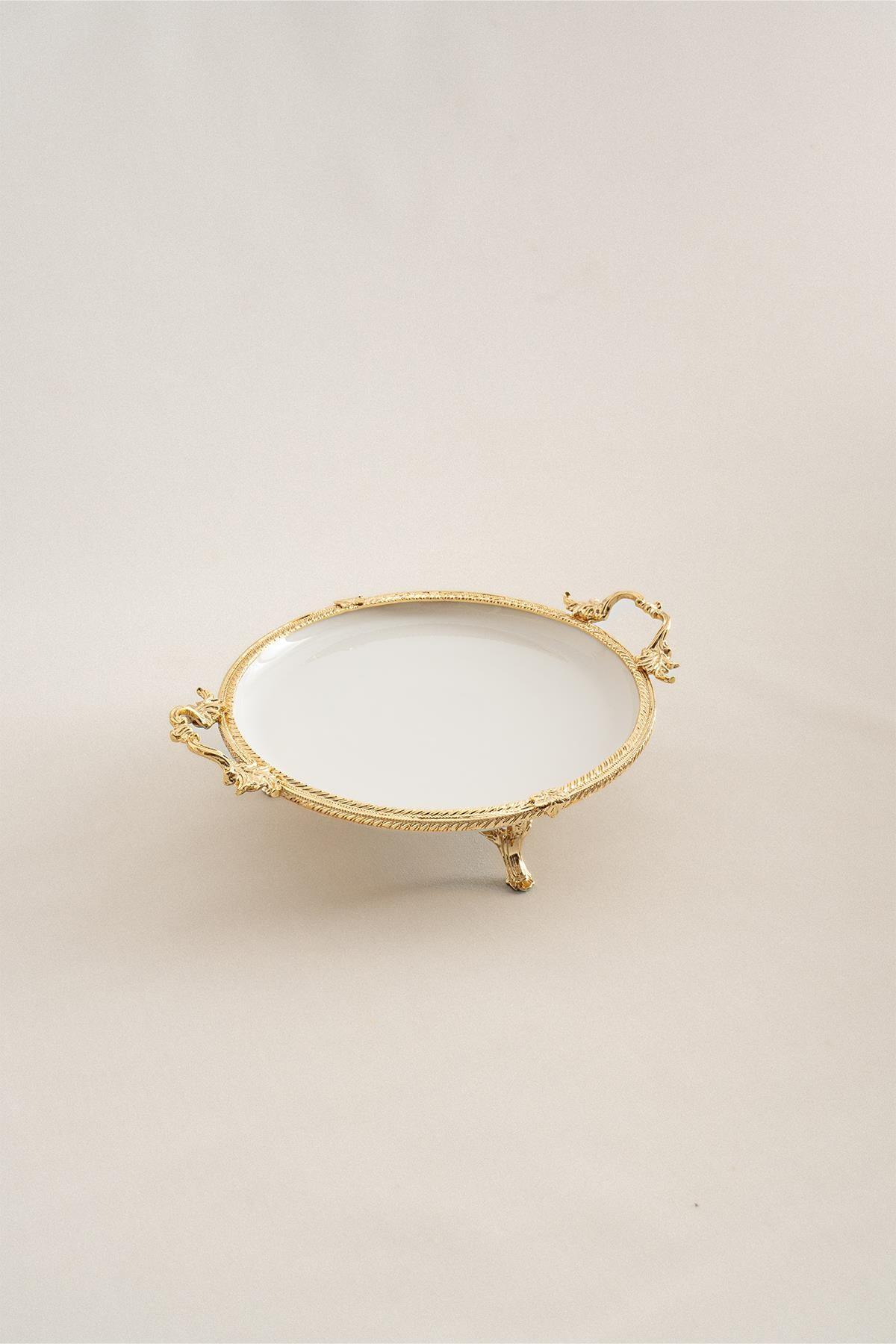 Sierra Altın Detaylı Kulplu Porselen Sunumluk Yuvarlak (25 cm) - Nazik Home - Yuvama Değer!