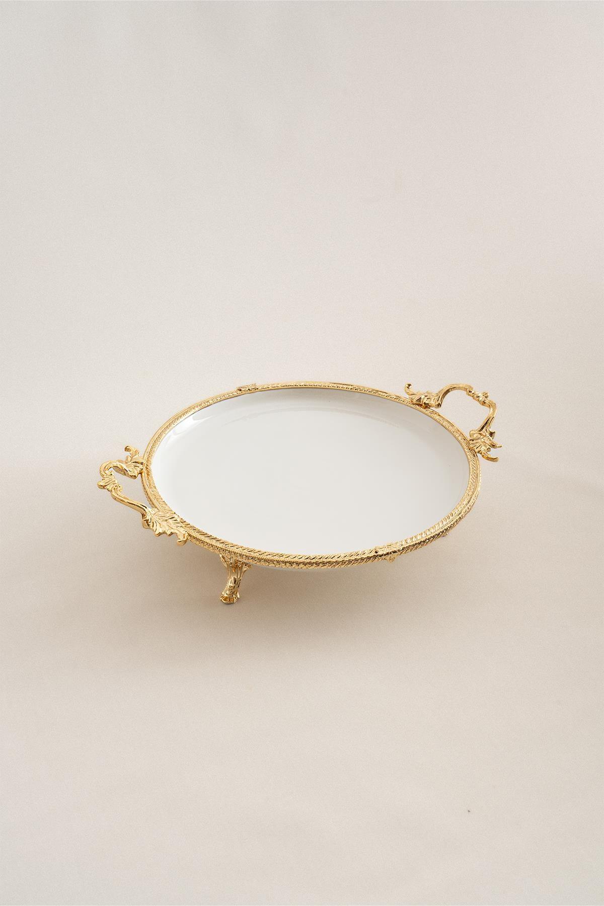 Sierra Altın Detaylı Kulplu Porselen Sunumluk Yuvarlak (29 cm) - Nazik Home - Yuvama Değer!