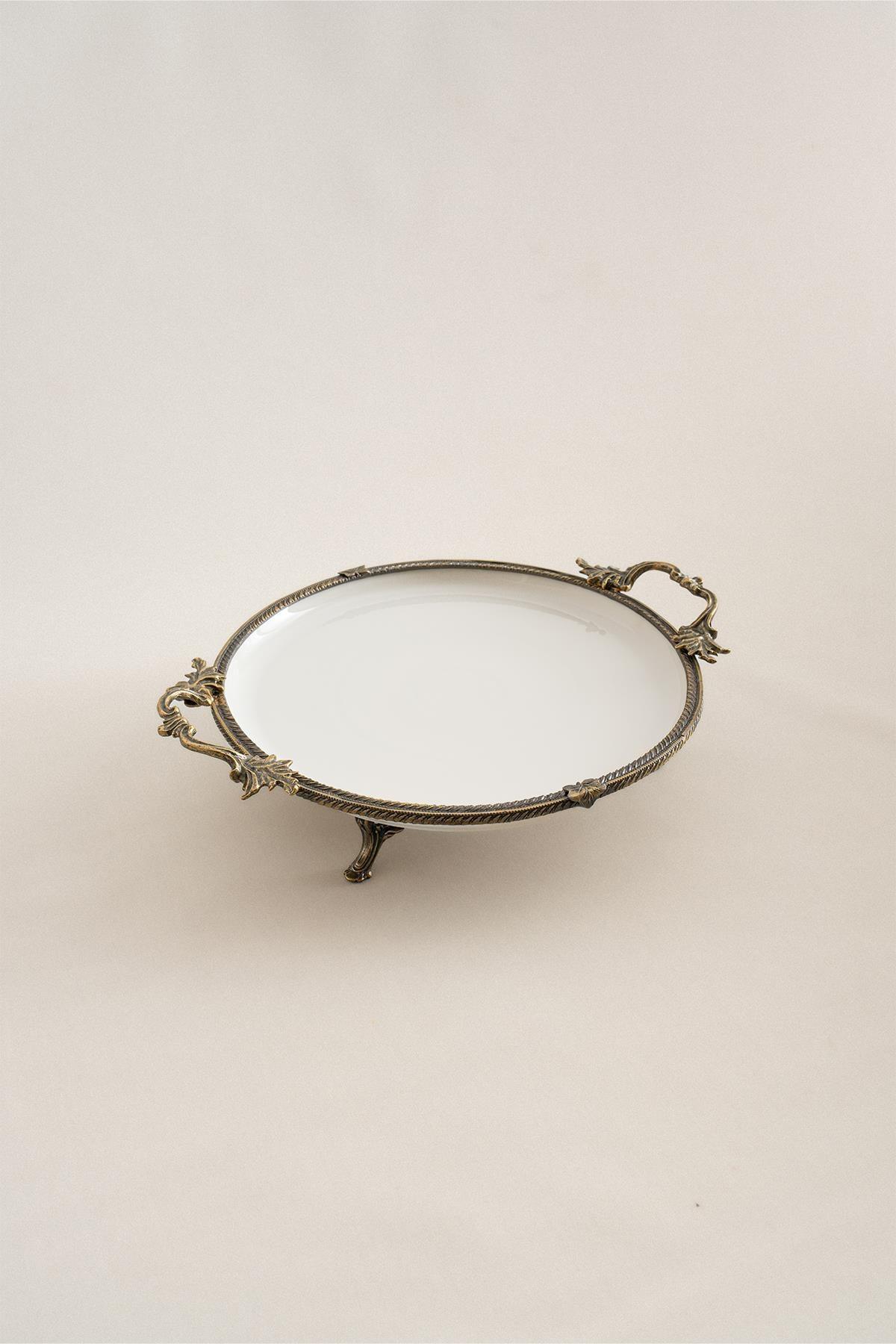 Sierra Eskitme Detaylı Kulplu Porselen Sunumluk Yuvarlak (29 cm) - Nazik Home - Yuvama Değer!