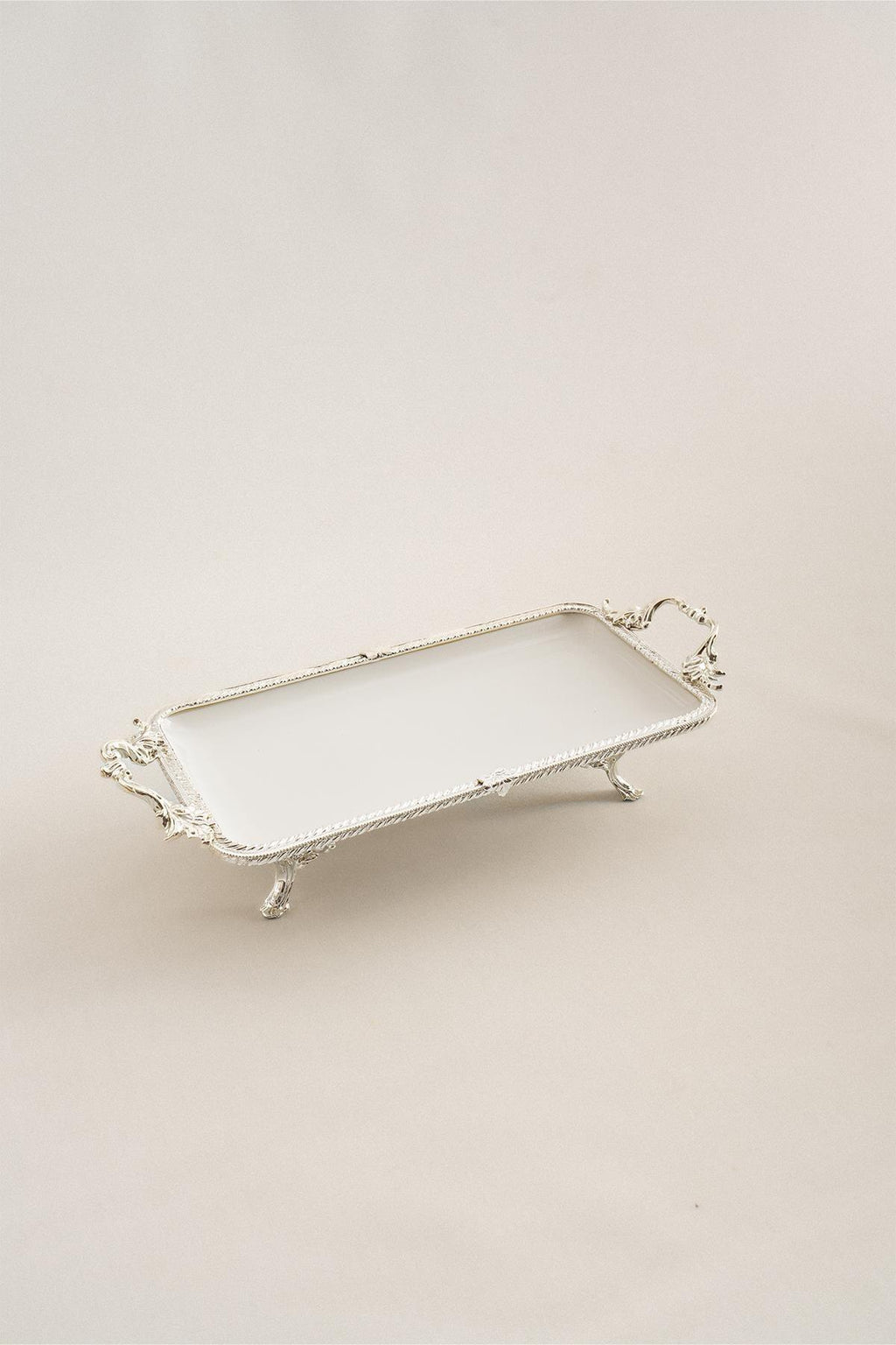 Sierra Gümüş Detaylı Kulplu Porselen Sunumluk Dikdörtgen (30 x 14 cm) - Nazik Home - Yuvama Değer!