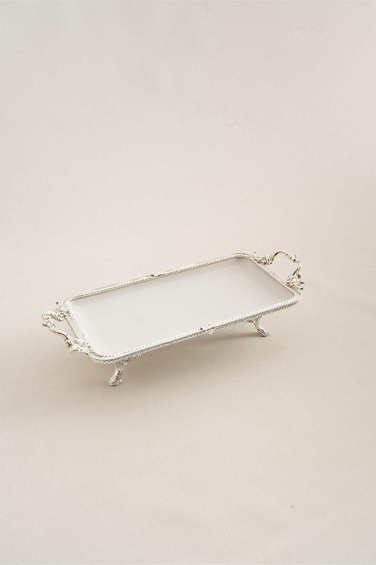 Sierra Gümüş Detaylı Kulplu Porselen Sunumluk Dikdörtgen (30 x 14 cm) - Nazik Home - Yuvama Değer!