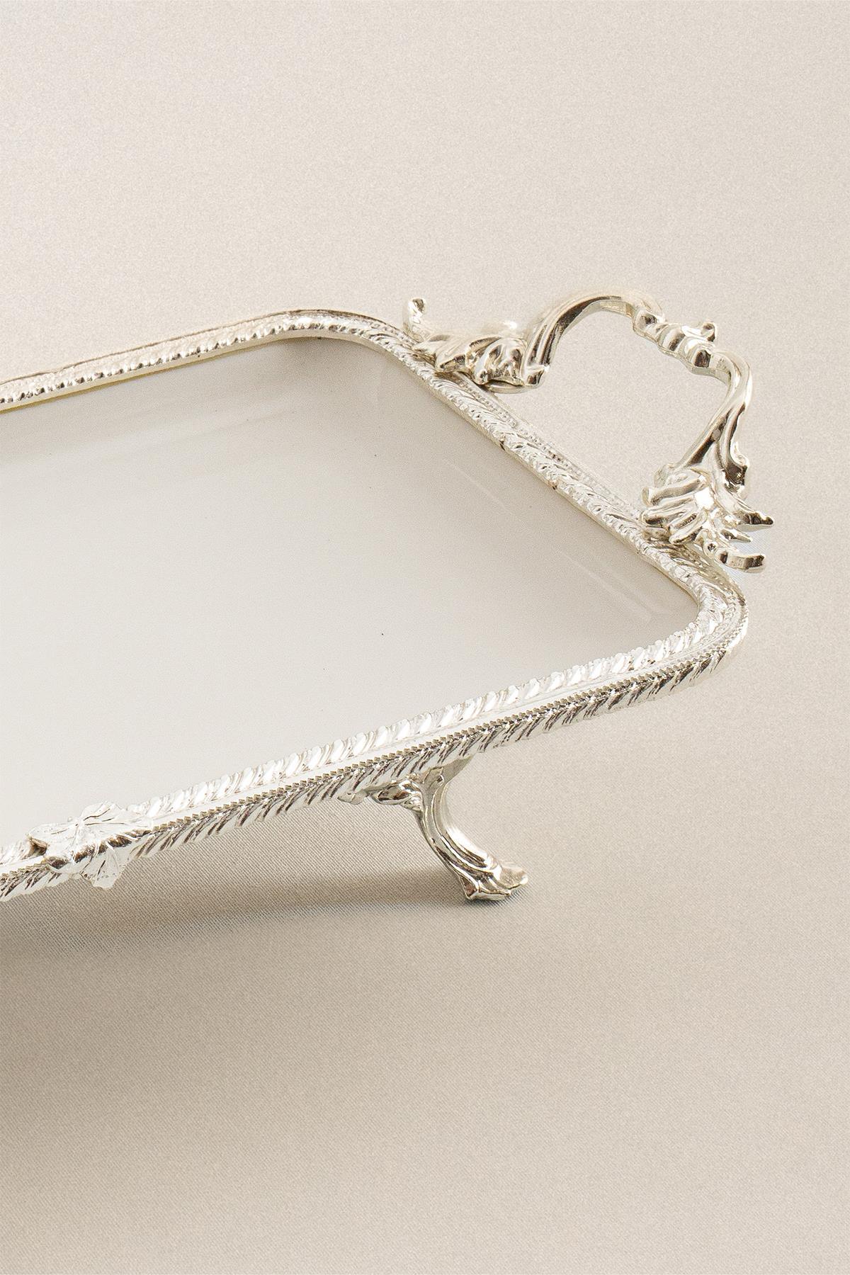 Sierra Gümüş Detaylı Kulplu Porselen Sunumluk Dikdörtgen (30 x 14 cm) - Nazik Home - Yuvama Değer!