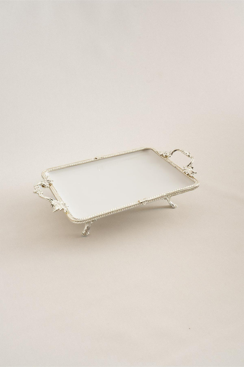 Sierra Gümüş Detaylı Kulplu Porselen Sunumluk Dikdörtgen (30 x 22 cm) - Nazik Home - Yuvama Değer!