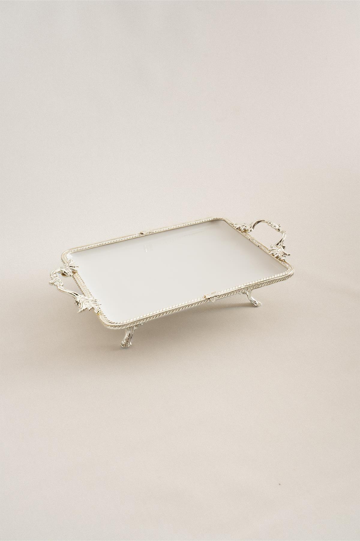 Sierra Gümüş Detaylı Kulplu Porselen Sunumluk Dikdörtgen (30 x 22 cm) - Nazik Home - Yuvama Değer!