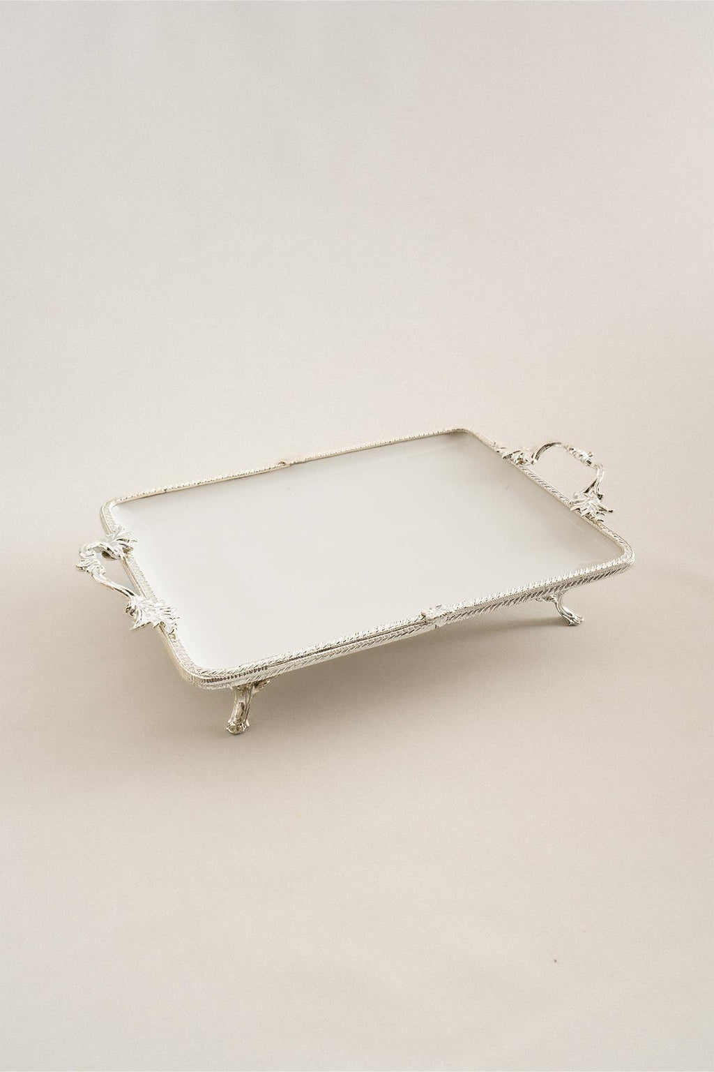 Sierra Gümüş Detaylı Kulplu Porselen Sunumluk Dikdörtgen (35 x 26 cm) - Nazik Home - Yuvama Değer!
