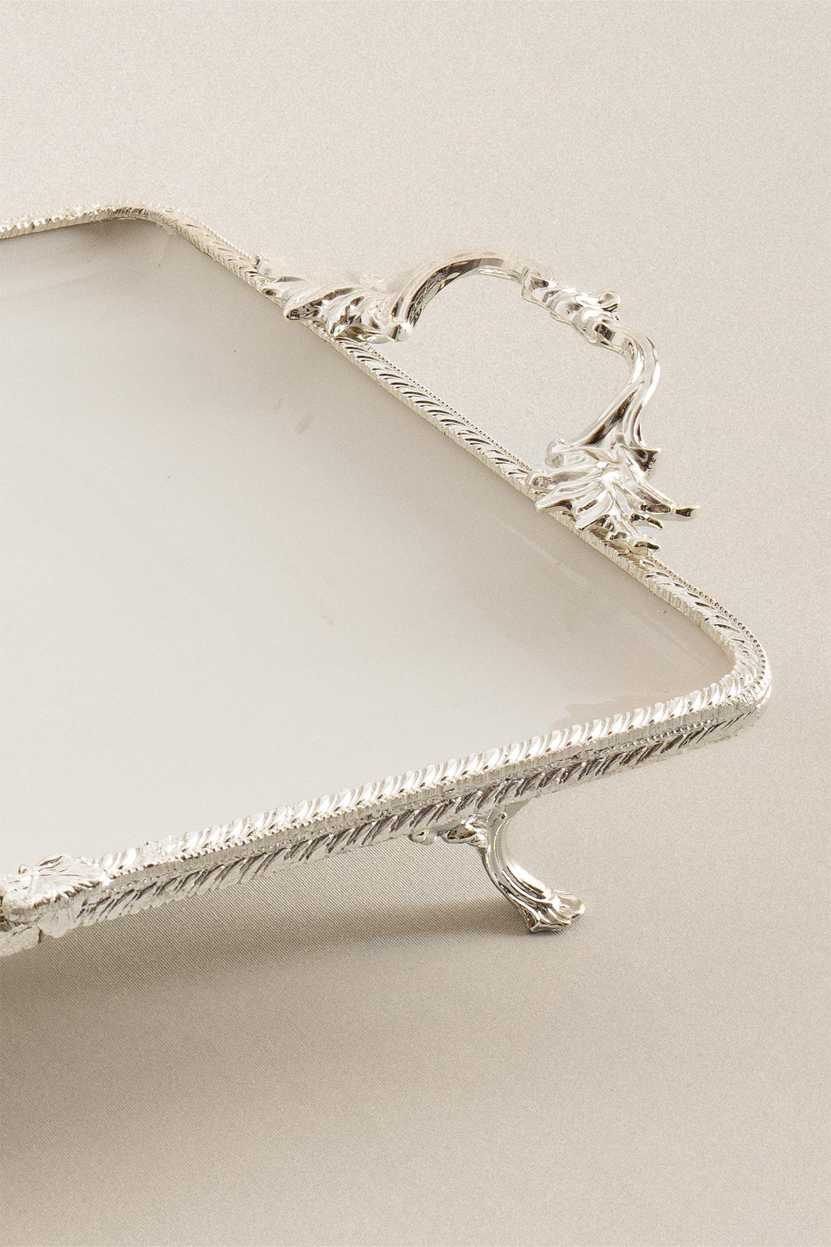 Sierra Gümüş Detaylı Kulplu Porselen Sunumluk Dikdörtgen (35 x 26 cm) - Nazik Home - Yuvama Değer!