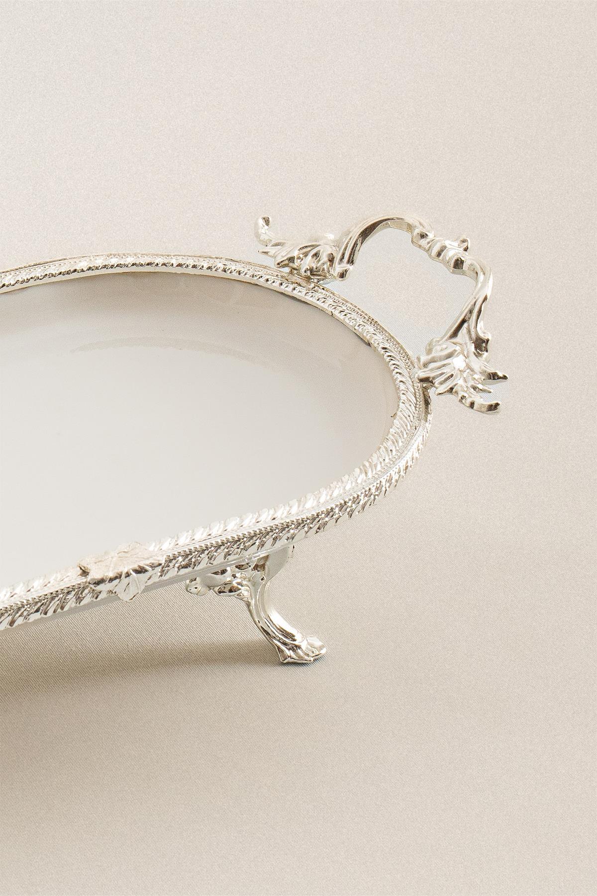 Sierra Gümüş Detaylı Kulplu Porselen Sunumluk Oval (25 x 15 cm) - Nazik Home - Yuvama Değer!