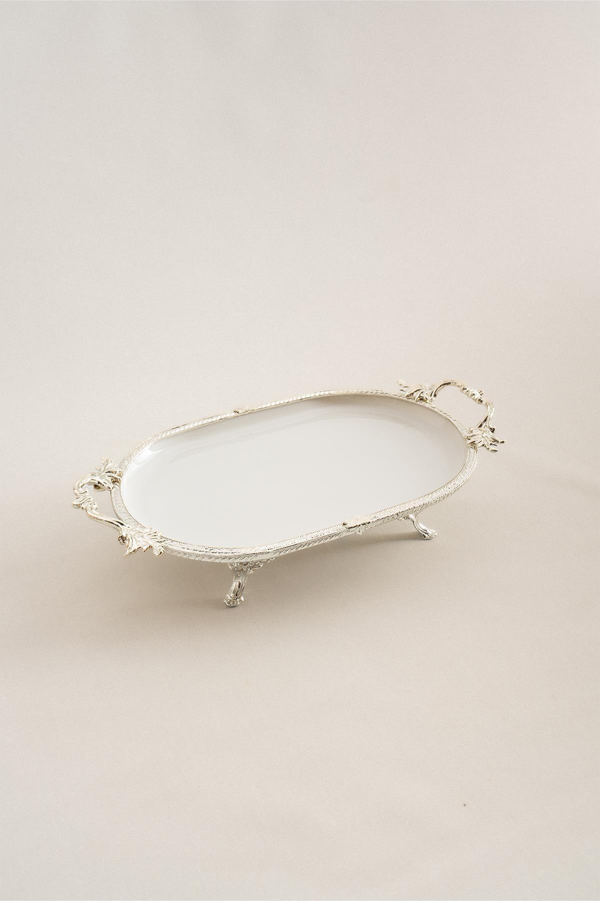 Sierra Gümüş Detaylı Kulplu Porselen Sunumluk Oval (33 x 21 cm) - Nazik Home - Yuvama Değer!