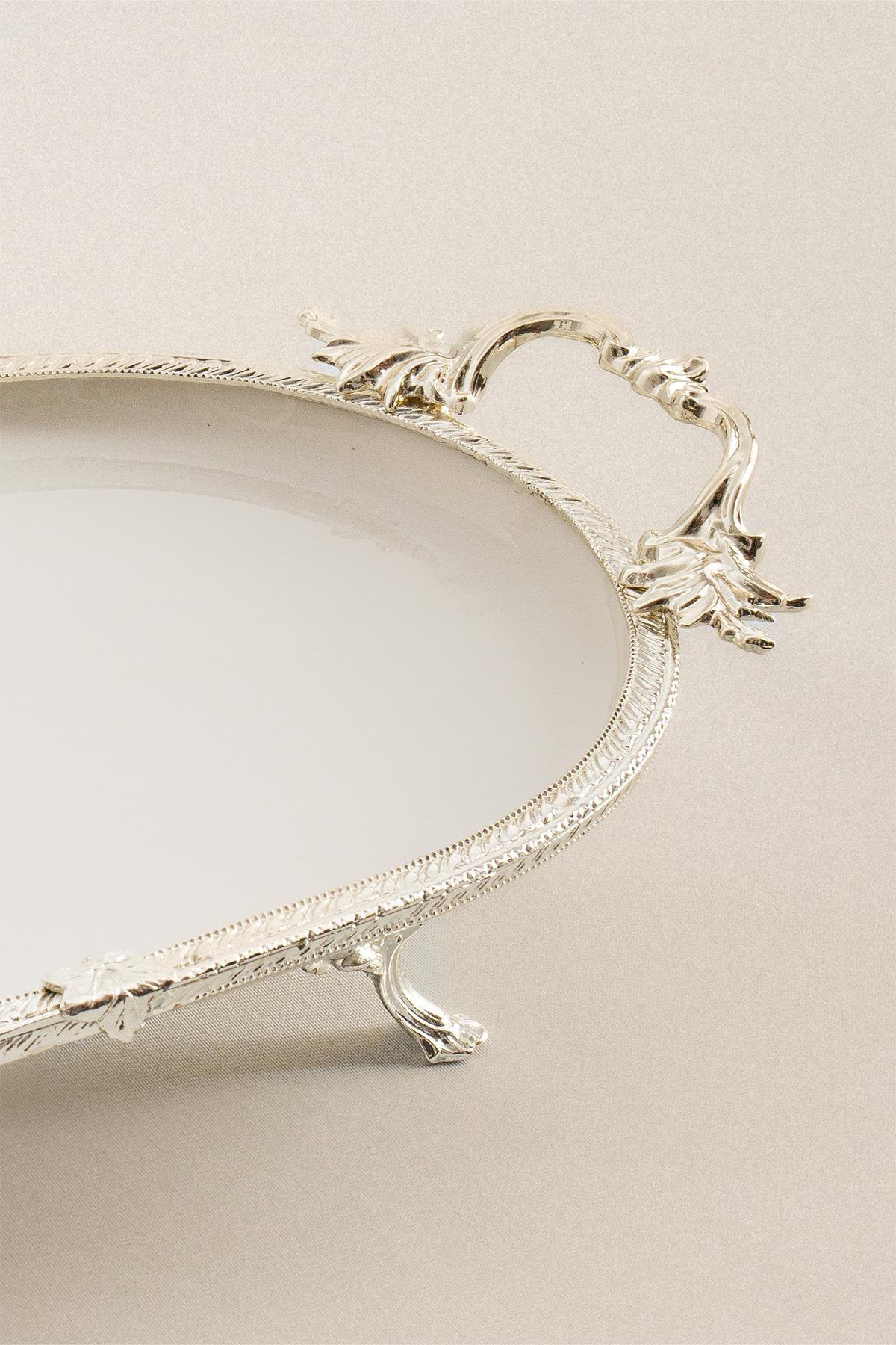 Sierra Gümüş Detaylı Kulplu Porselen Sunumluk Oval (33 x 21 cm) - Nazik Home - Yuvama Değer!
