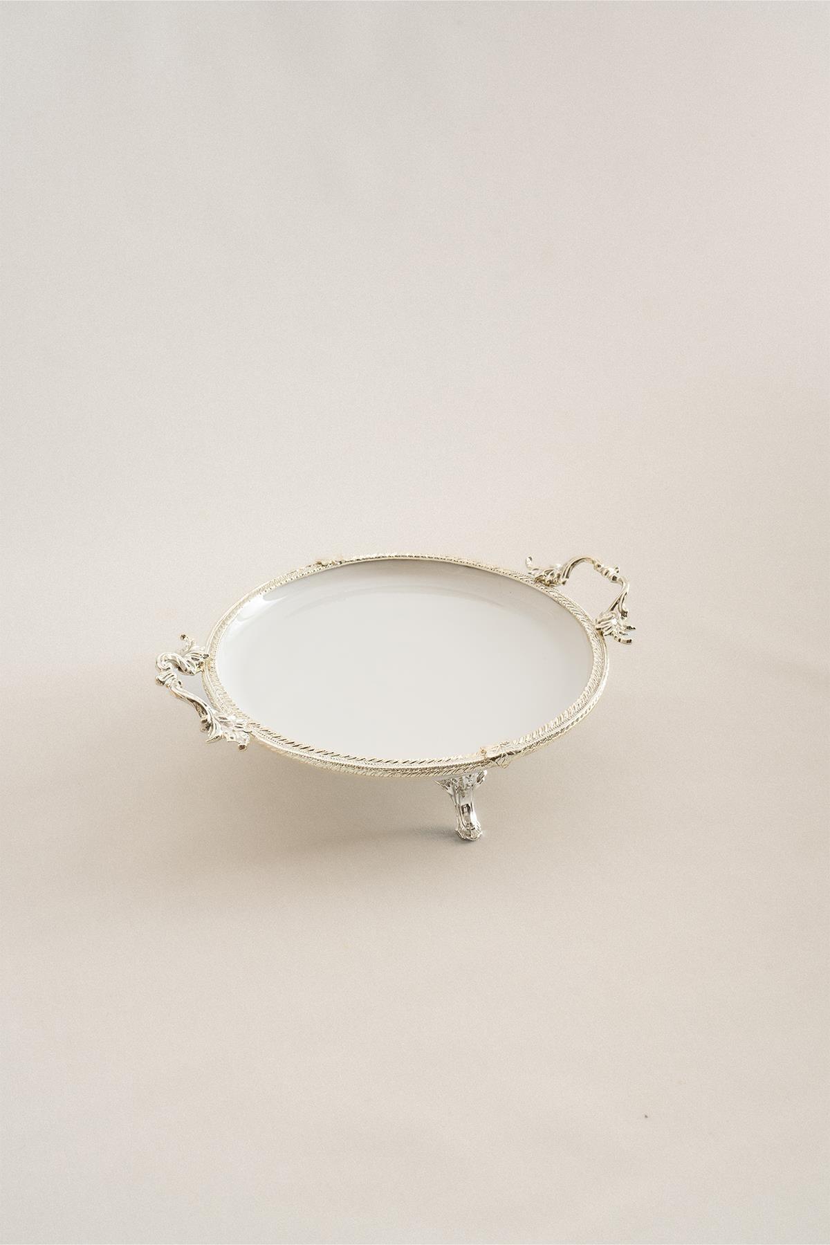 Sierra Gümüş Detaylı Kulplu Porselen Sunumluk Yuvarlak (25 cm) - Nazik Home - Yuvama Değer!