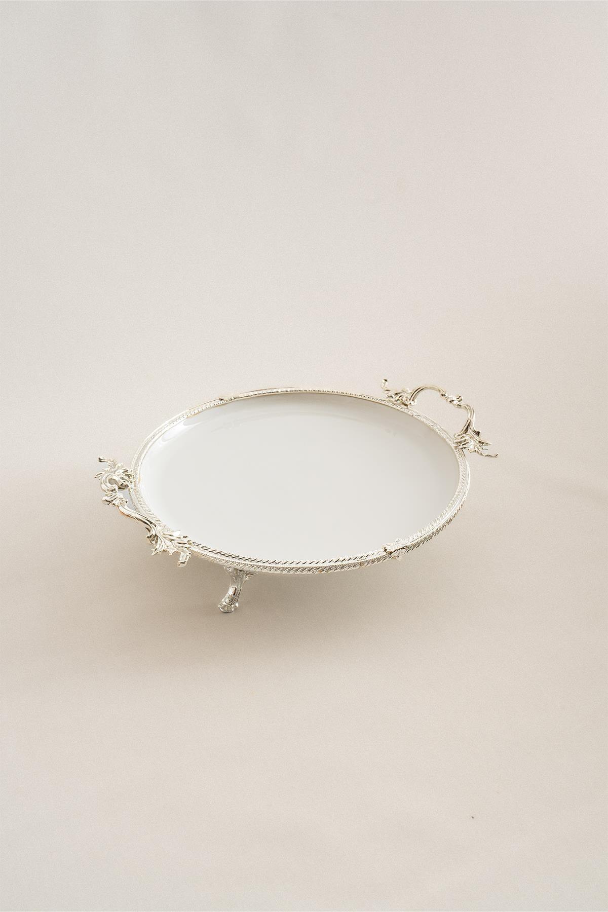 Sierra Gümüş Detaylı Kulplu Porselen Sunumluk Yuvarlak (29 cm) - Nazik Home - Yuvama Değer!