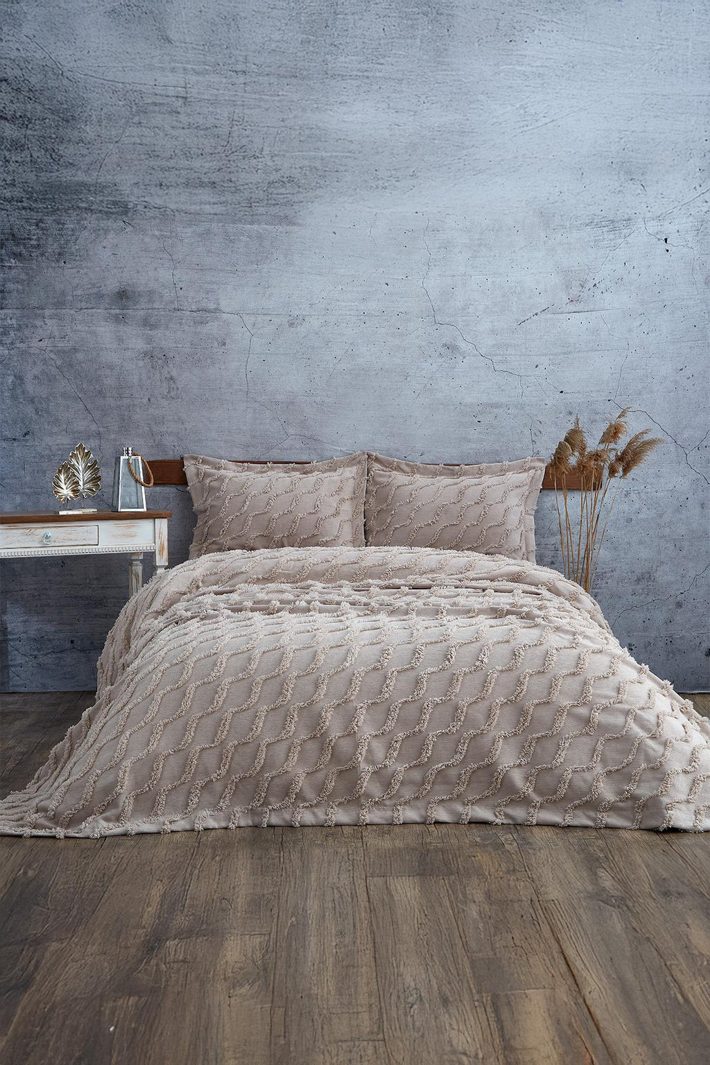 Terra Pelüş Keten Dokulu Çift Kişilik Yatak Örtüsü - Nazik Home - Yuvama Değer!