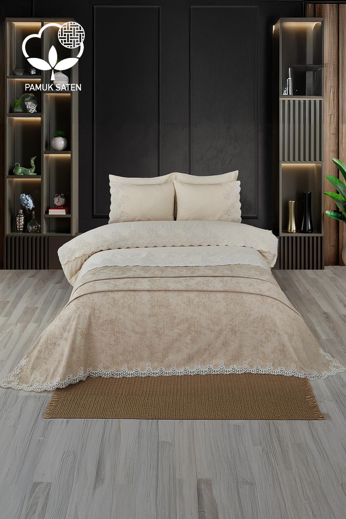 Tienda İşlemeli Çift Kişilik 7 Parça Nevresim + Pike Set - Nazik Home - Yuvama Değer!