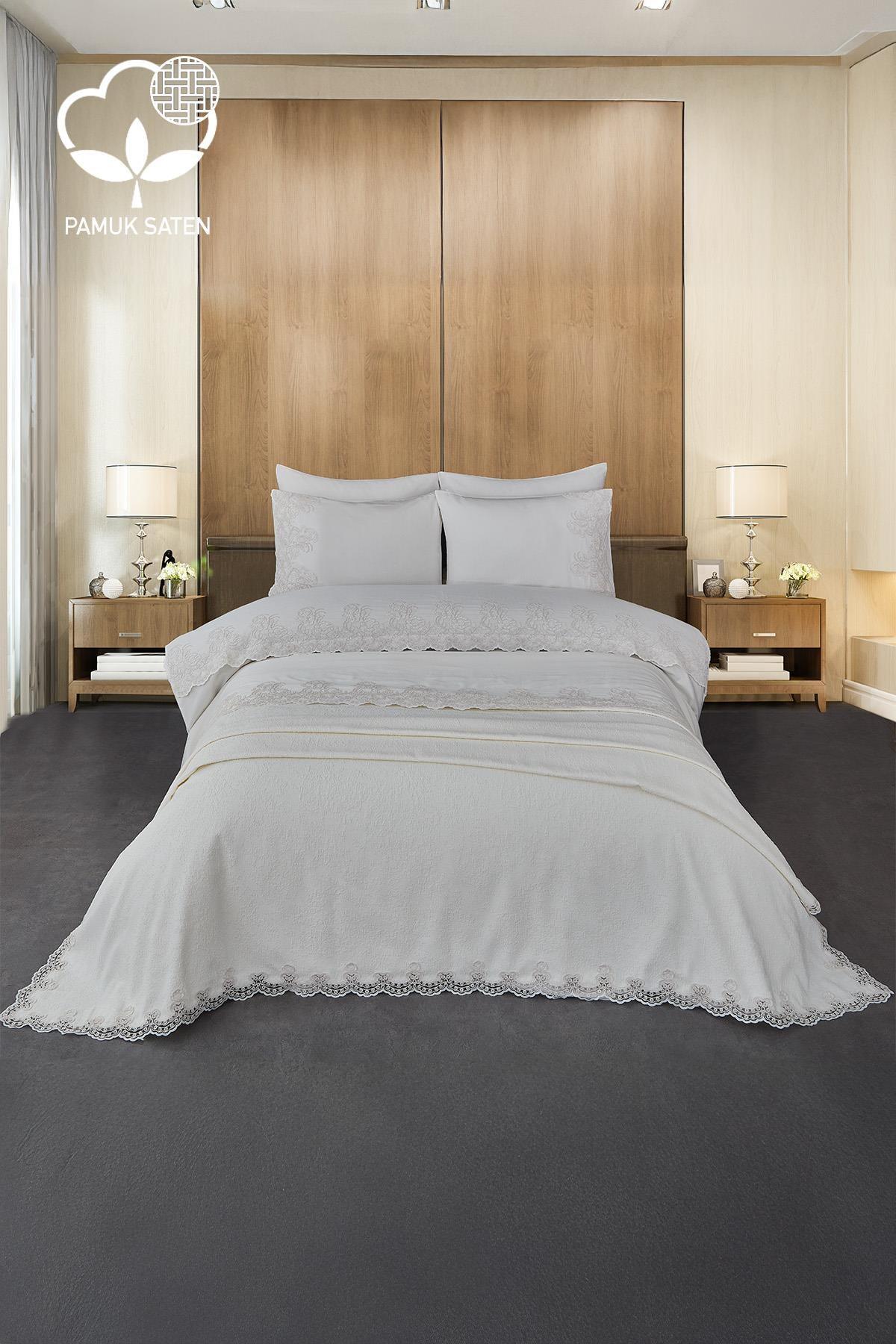 Tienda İşlemeli Çift Kişilik 7 Parça Nevresim + Pike Set - Nazik Home - Yuvama Değer!