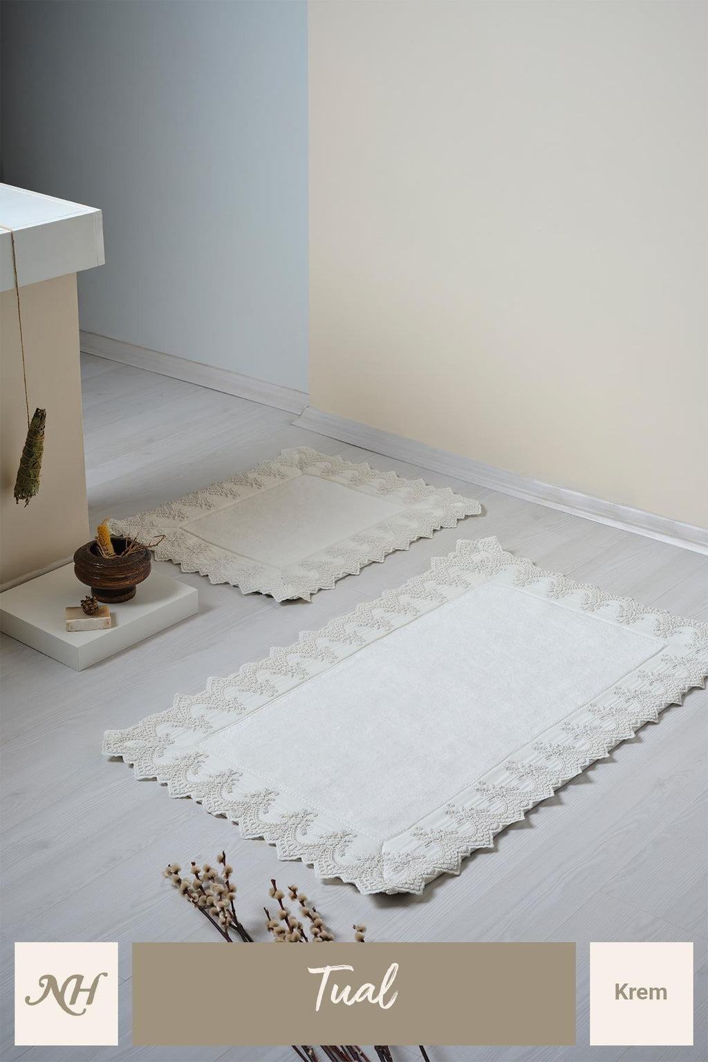 Tual İşlemeli 2'li Paspas Set (60 x 100 cm) - Nazik Home - Yuvama Değer!