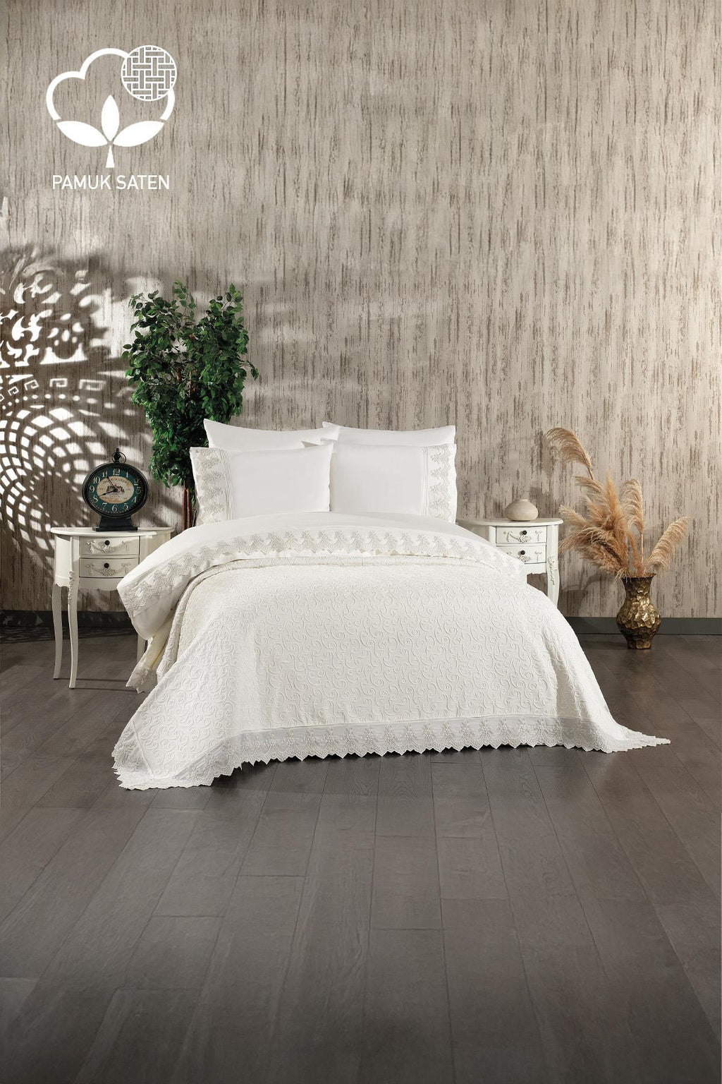 Tual İşlemeli Süper King Size 7 Parça Nevresim + Pike Set - Nazik Home - Yuvama Değer!