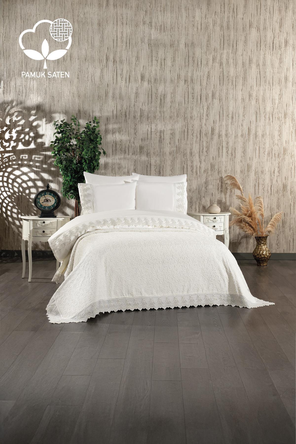 Tual İşlemeli Süper King Size 7 Parça Nevresim + Pike Set - Nazik Home - Yuvama Değer!