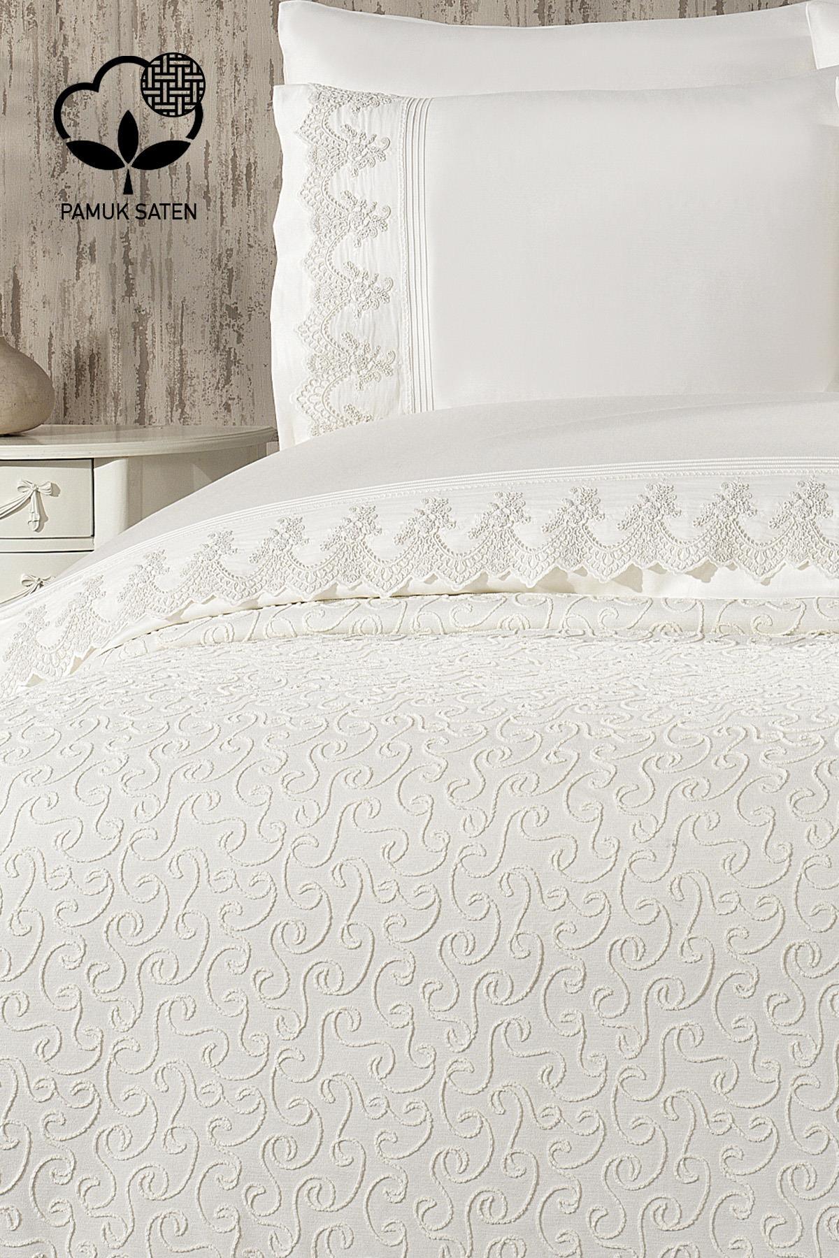 Tual İşlemeli Süper King Size 7 Parça Nevresim + Pike Set - Nazik Home - Yuvama Değer!