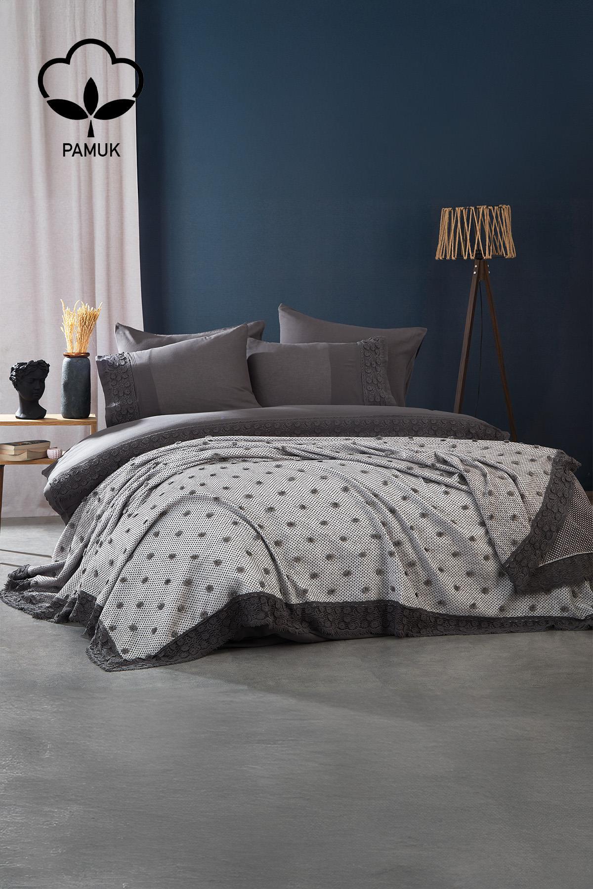 Venüs Dantelli Çift Kişilik 7 Parça Nevresim + Pike Set - Nazik Home - Yuvama Değer!