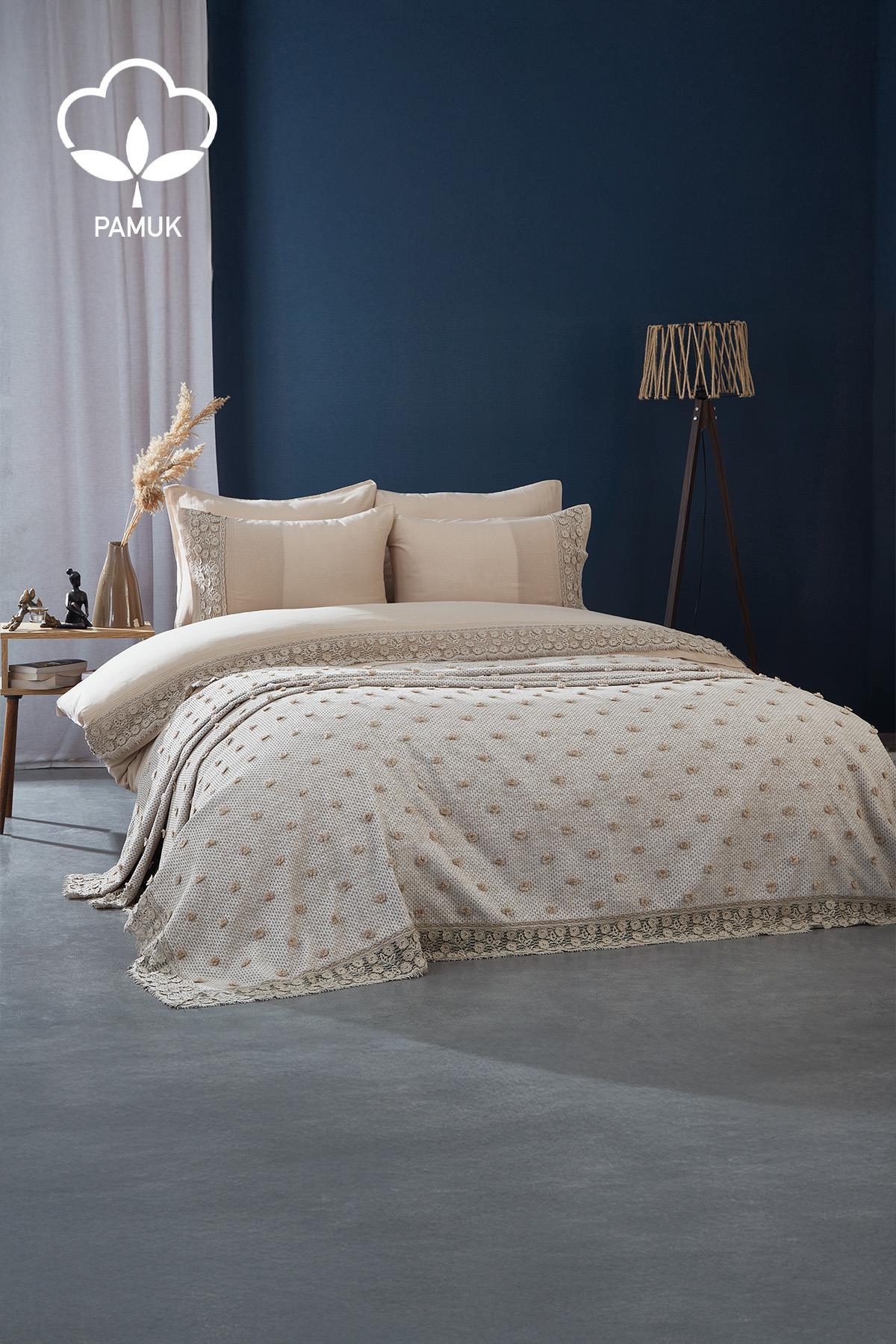 Venüs Dantelli Çift Kişilik 7 Parça Nevresim + Pike Set - Nazik Home - Yuvama Değer!